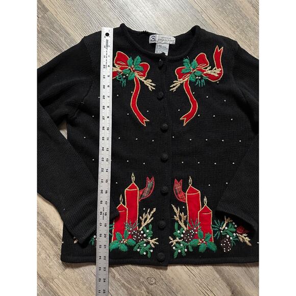Vtg Studio Collection Christmas Holiday Sweater Cardigan Y2K Size Small Candles - Picture 3 of 9
